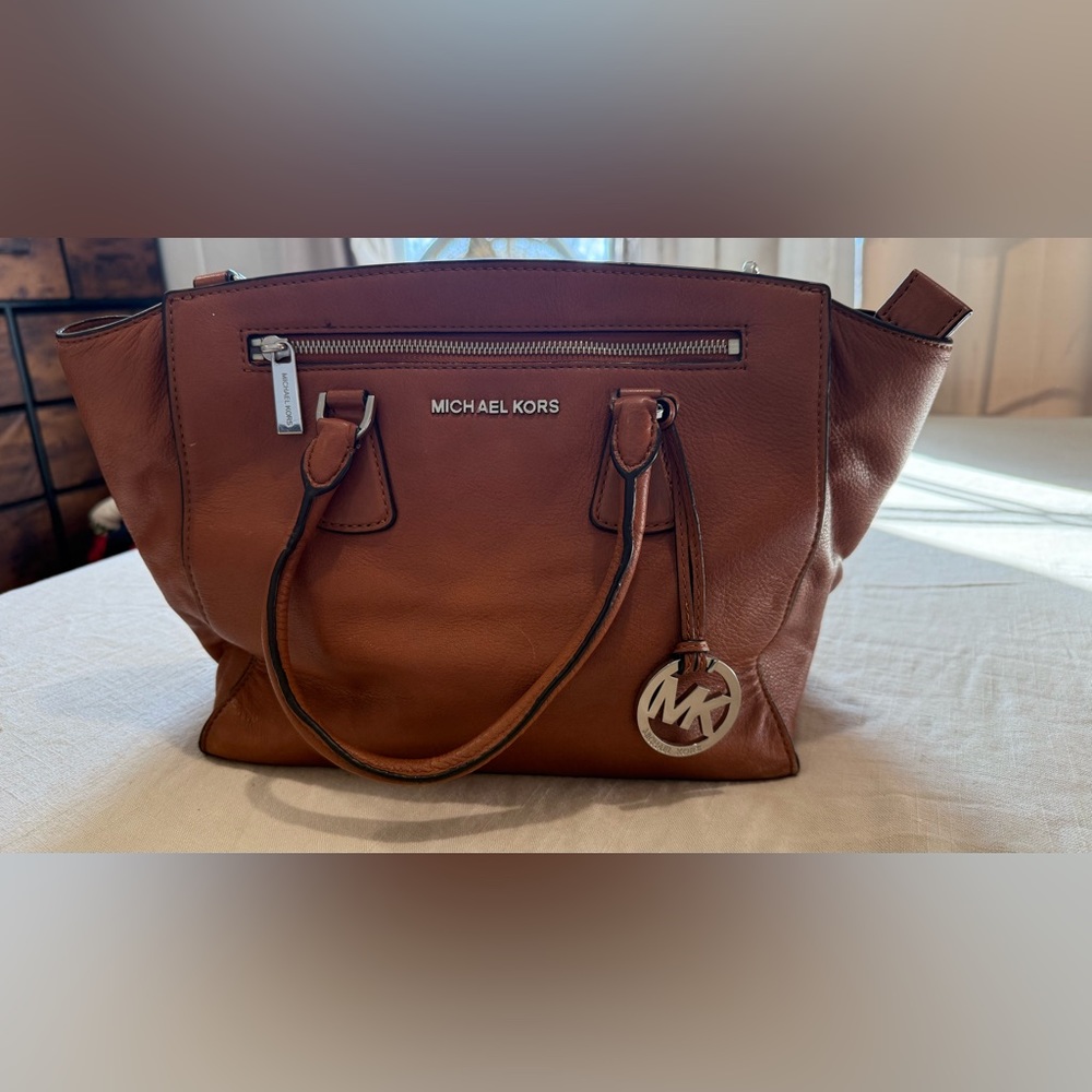 Michael Kors Large Sophie Leather Satchel Bag in Saddle Color
